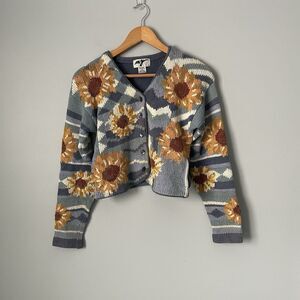 Vintage Women's Sunflower Knit Cropped Sweater Ramie & Cotton Cottagecore Size M